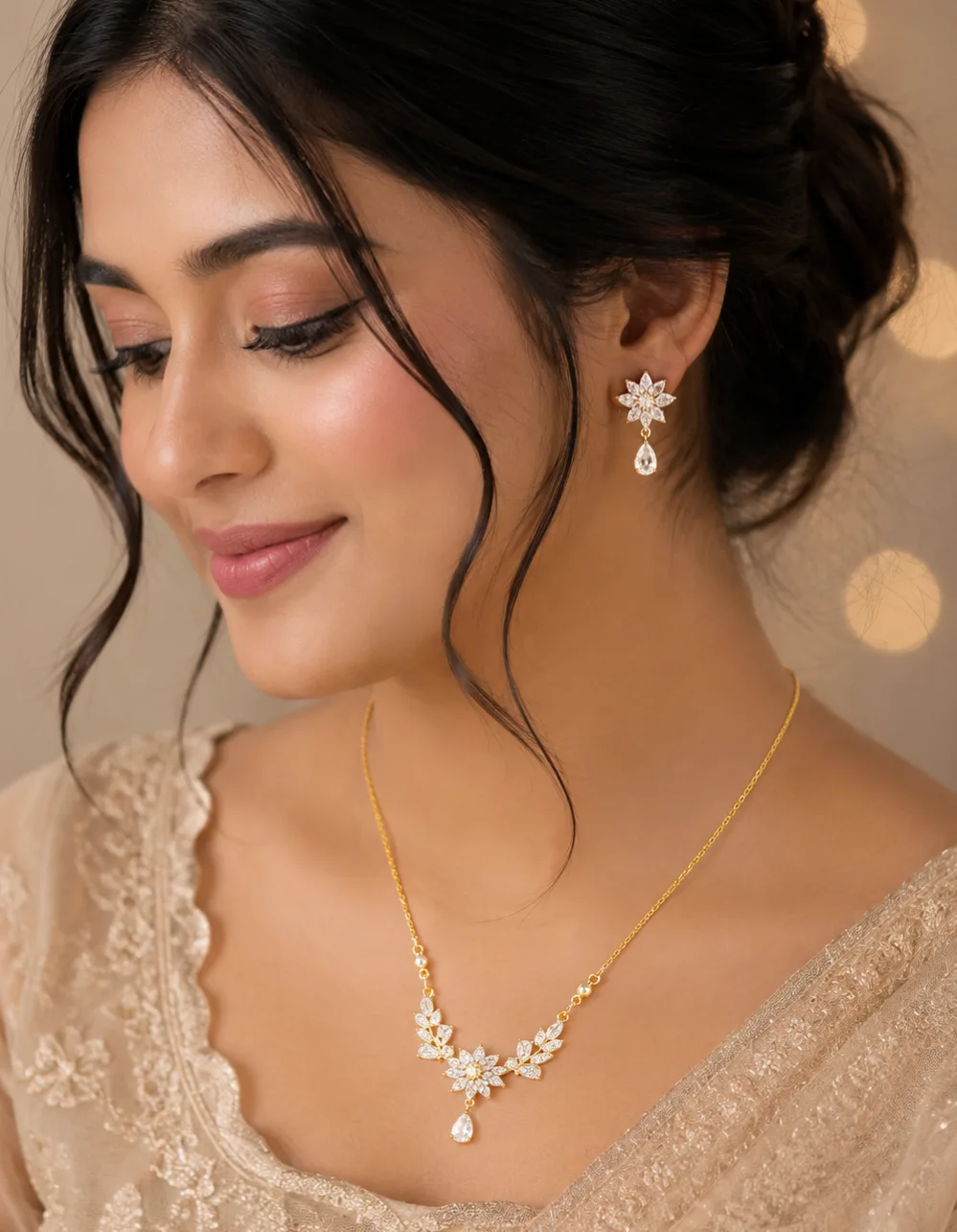 এলিগ্যান্ট ফ্লোরাল স্টোন চেইন ও ইয়াররিং সেট