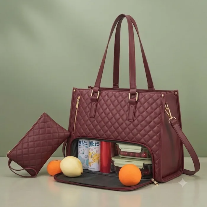 Women's Premium Lunch Tote & Pouch Set (Maroon)