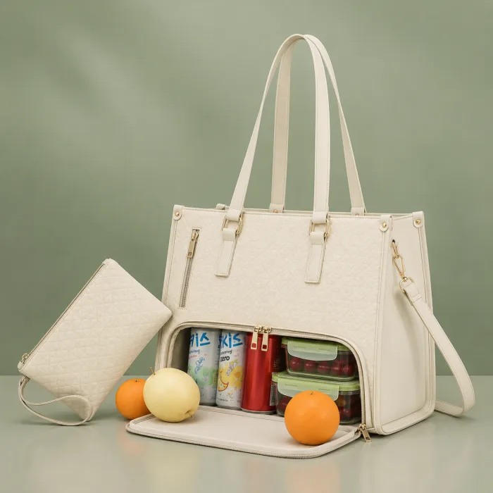 Women's Premium Lunch Tote & Pouch Set (Cream)