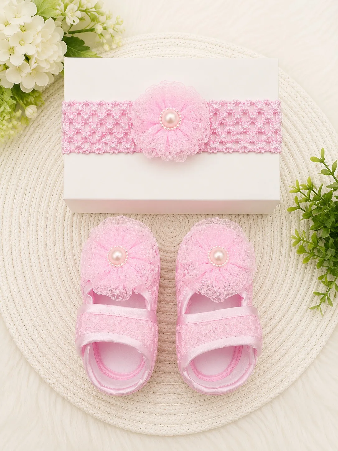 Baby Floral Shoes & Matching Headband Set