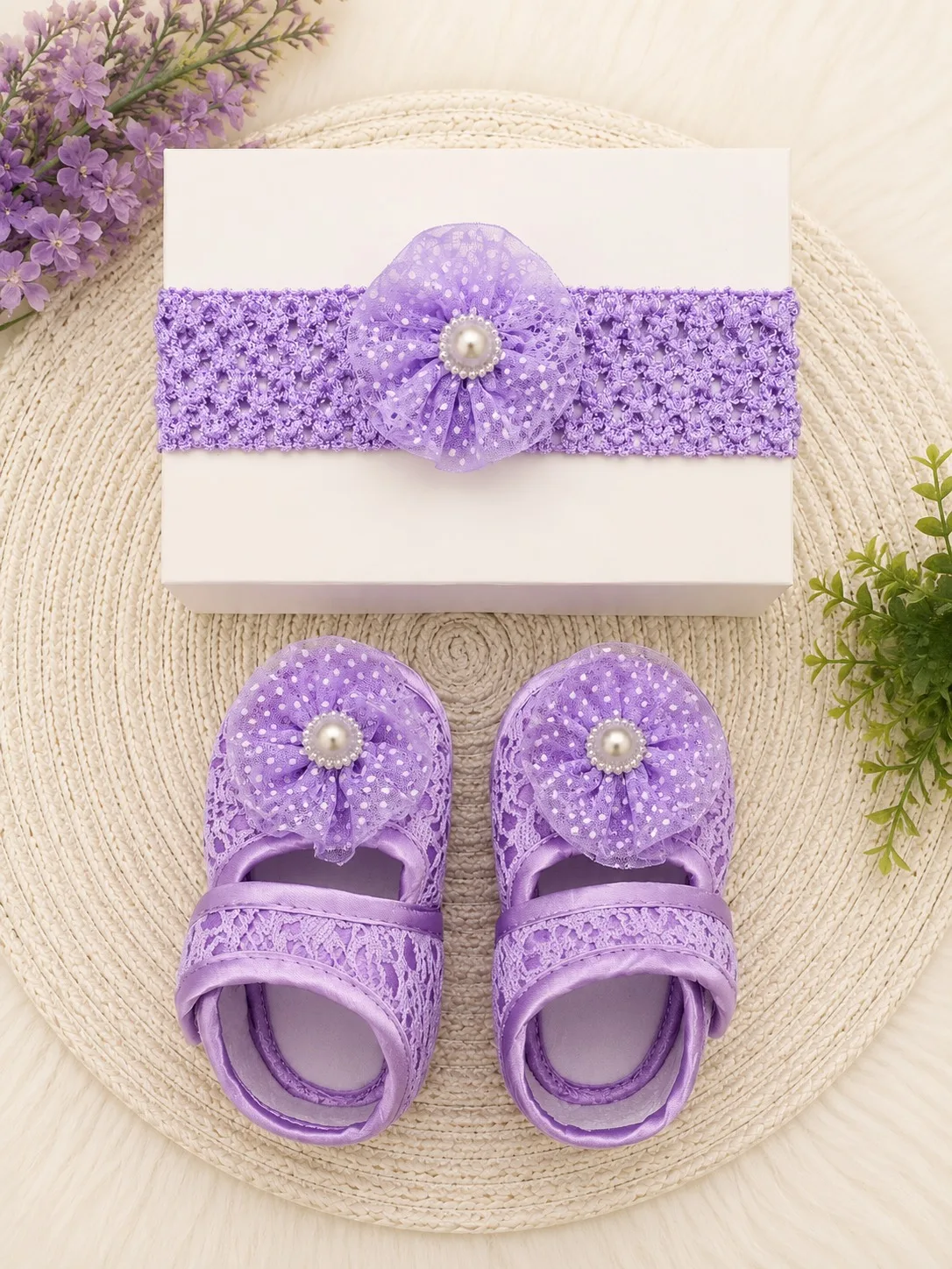 Baby Floral Shoes & Matching Headband Set