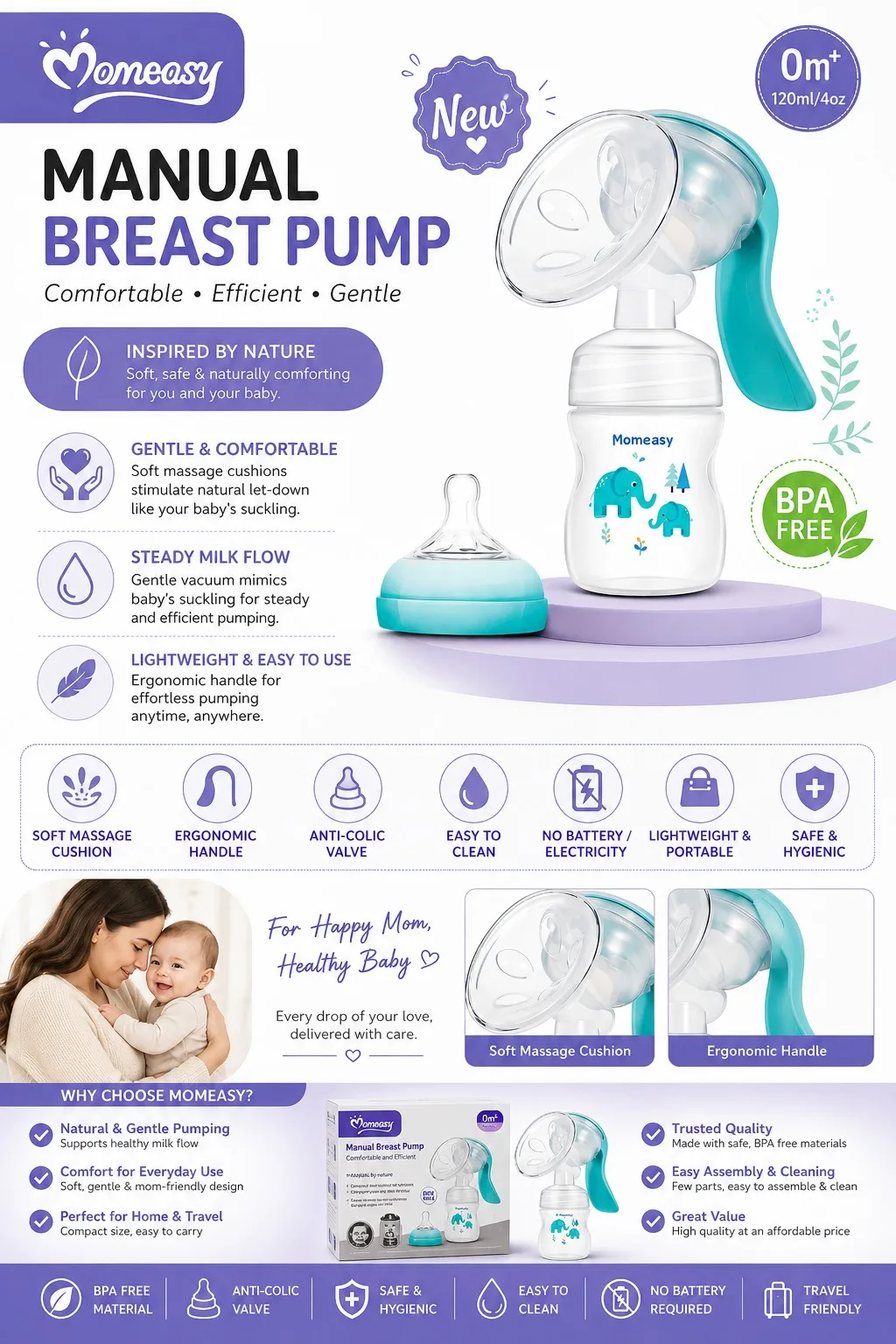 Momeasy Manual Breast Pump - 120 ML