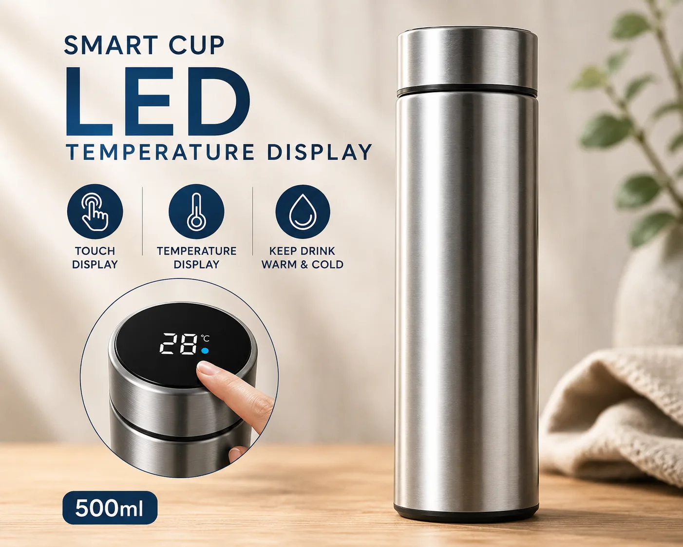 LED Temperature Display Stainless Steel Vacuum Flask- 500 ML