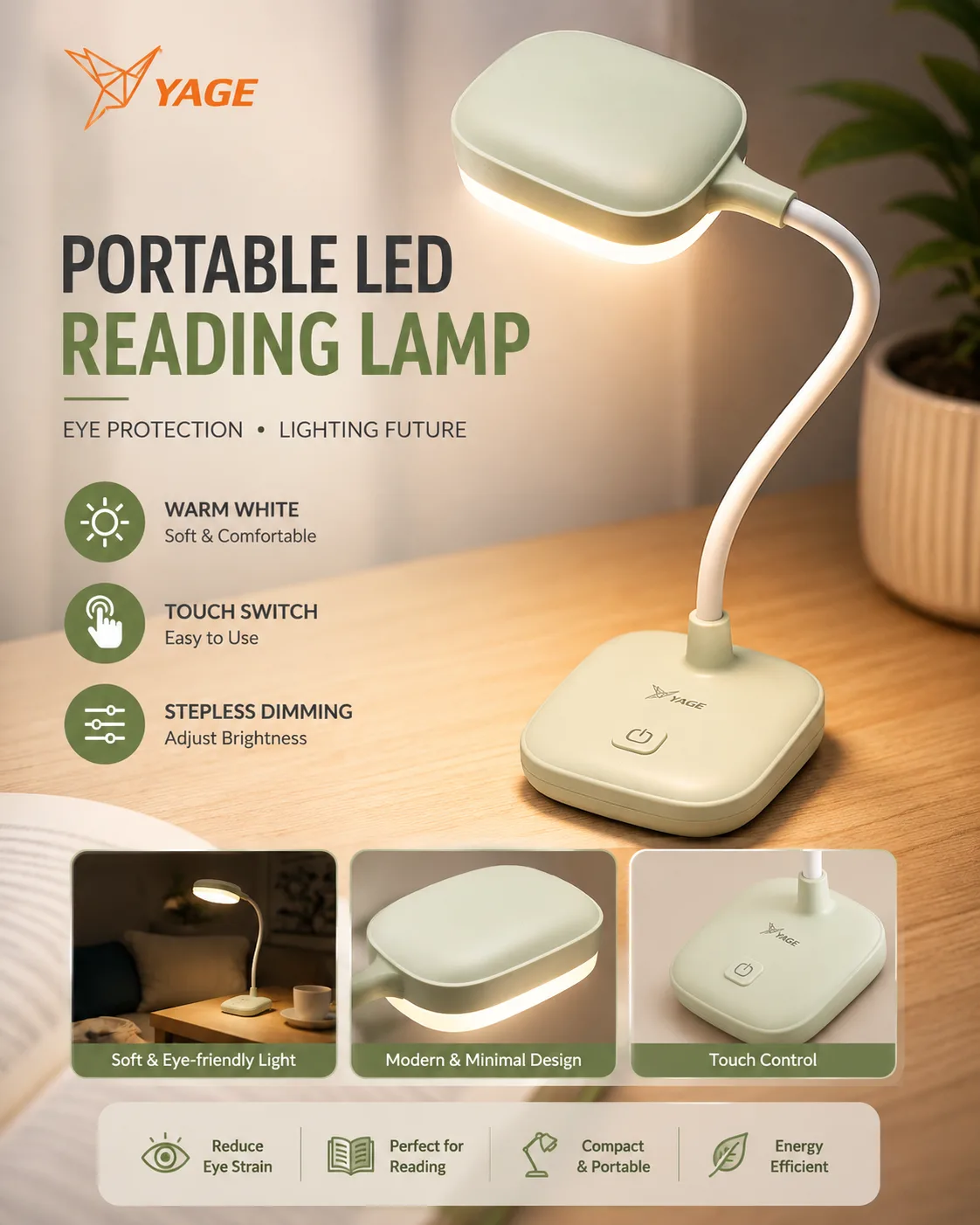 YAGE YG-T034 Rechargeable Portable LED Reading Lamp
